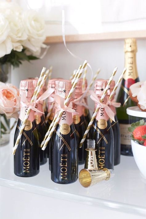 Bridal shower luxury champagne display pink and feminine Champagne Themed Bridal Shower Centerpieces, Mini Moet Bottles Wedding, Glitter Mini Champagne Bottles, Mini Moet Bottles Champagne, Mini Prosecco Bottles Gift, Bridal Shower Luxury, Tying The Knot Bow Bridal Shower Theme, Bow Themed Bachelorette, Luxury Bridal Shower Ideas