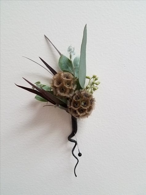 Boutonniere - seeded eucalyptus and scabiosa pods Boutineer Ideas Wedding, Scabiosa Pods, Seeded Eucalyptus, Gettin Hitched, Seed Pods, Wedding Florals, Boutonniere, Bud Vases, Wedding Bouquet