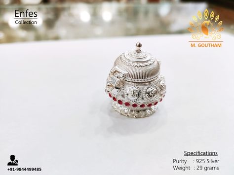 Handcrafted 925 Silver Kumkum Dabbi with Nakaas work :) Kumkum Barani Silver, Silver Articles, Temple Jewellery, Crochet Earrings, 925 Silver, Temple, Silver Jewelry, Jewelry Design, Crochet