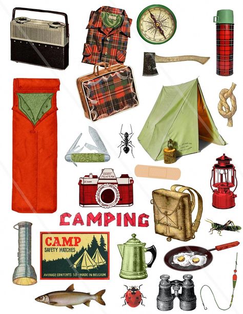 Camping Mood Board, Summer Camp Aesthetic, Camping Quilt, Camping Clipart, Camping Safety, Vintage Clip Art, Retro Camping, Camping Aesthetic, Camp Style