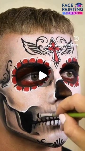 Skull Face Painting, Sugar Skull Face Paint, Face Painting For Boys, Adult Face Painting, Skull Face Paint, Sugar Skull Face, Face Painting Tutorials, Face Painting Easy, Kids Face Paint