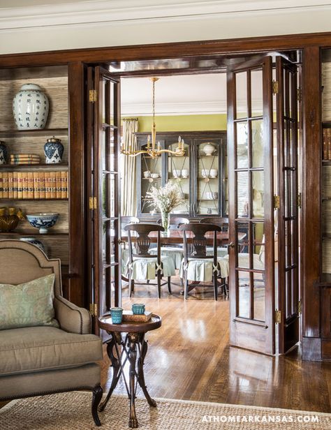 Bi-fold French doors via athomearkansas.com Sliding French Doors Interior, Victorian Room Divider, Louvered Interior Doors, Interior Sliding French Doors, Interior Glazed Doors, Fiberglass French Doors, Bifold French Doors, Folding French Doors, Frosted Glass Interior Doors