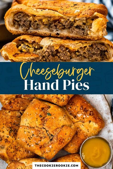 Burger Crescent Rolls, Pizza Dough Hand Pies, Savory Hand Pies With Premade Pie Crust, Cheeseburger Crescent Rolls, Hamburger Crescent Roll Recipes, Cheeseburger Hand Pies, Savory Hand Pies Recipes, Crescent Roll Recipes Dinner, Hand Pies Savory