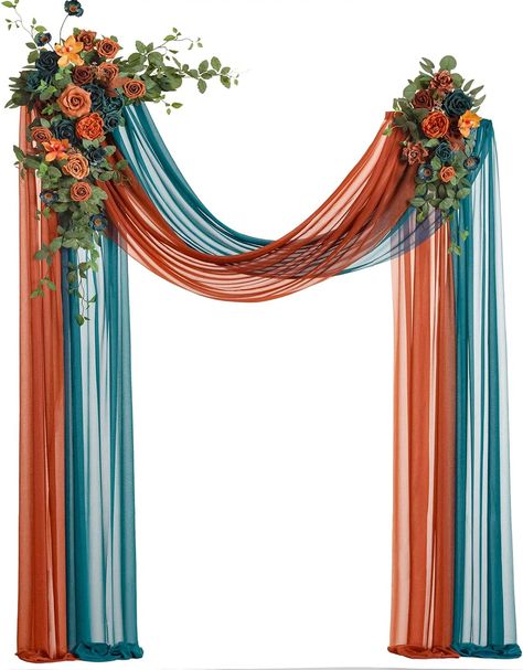 COLOR INSPIRED: Create a warm forest and cool shades atmosphere with the teal and orange inspiration of dark teal & burnt orange. Capture your unique vintage wedding ceremony backdrop decorations with Ling’s exquisite wedding arch flowers kit. FIT ON ARCH: Tailored for decorating 5' W x 6'5" H arch stand as photography show. Floral swags curve hanging on the arch, measuring about 3.6ft L x 1ft W and 2ft L x 0.82ft W. Rustic Teal Wedding Decor, Rust Teal Color Palette, Teal And Burnt Orange Wedding Flowers, Teal And Burnt Orange Wedding Groomsmen, Art Deco Wedding Arch, Dark Teal And Burnt Orange Wedding, Teal And Rust Wedding, Teal And Burnt Orange Wedding, Burnt Orange And Teal Wedding