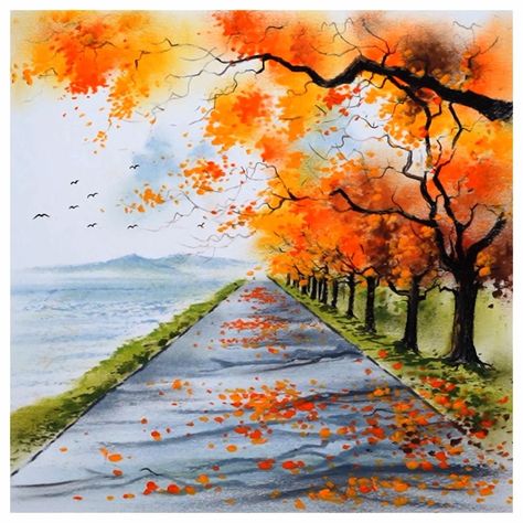 Draw an amazing scenery with autumn trees | Oil pastel drawing of a beautiful scenery with autumn trees | By Morning Drizzle Autumn Trees Drawing, Autumn Tree Watercolor, Oil Pastel Art Scenery, Tree Scenery Drawing, Autumn Tree Drawing, Oil Pastel Scenery, Beautiful Scenery Drawing, Library Posters, Fall Drawings