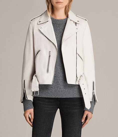 Womens Balfern Leather Biker Jacket (White) - Image 1 White Leather Jacket Outfit Winter, White Leather Jacket Outfit, Leather Jacket Outfit Winter, Navy Leather Jacket, All Saints Leather Jacket, Moto Jacket Outfit, Winter Jacket Outfits, Fashion Outerwear, White Leather Jacket