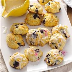 Lemon Blueberry Drop Scones Recipe -I enjoy serving these fruity scones for baby and bridal showers. They're a bit lower in fat than other scone recipes, so you can indulge with little guilt. —Jacqueline Hendershot, Orange, California Blueberry Drop Scones, Drop Scones Recipe, Drop Scones, Lemon Blueberry Bread, Pumpkin Scones, Blueberry Bread, Blueberry Scones, Scones Recipe, Mothers Day Brunch