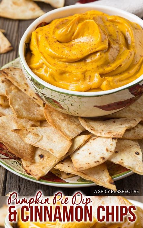 Pumpkin Pie Dip + Cinnamon Chips - Two amazing party snacks that are perfect together. Plus, each recipe has less than 5 ingredients! #ASpicyPerspective #Halloween #Thanksgiving via @spicyperspectiv Cinnamon Chip Recipes, Libbys Pumpkin Pie, Pumpkin Pie Dip, Chips Dip, Pumpkin Pie Recipe Easy, Pie Dip, Pumpkin Dip, Cinnamon Pumpkin, Thanksgiving Desserts Easy