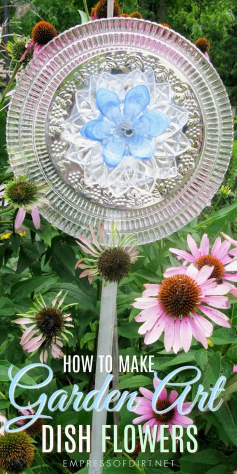 How to make garden art dish flowers using both drill and no-drill methods. Grab old plates, dishes, cutlery, and candy dishes and turn them into blooms for your garden. Frozen Guacamole, Repurposed China, Glassware Garden Art, Aesthetic Header, Garden Globes, Plate Flowers, Glass Garden Flowers, Glass Plate Flowers, Miniature Gardens