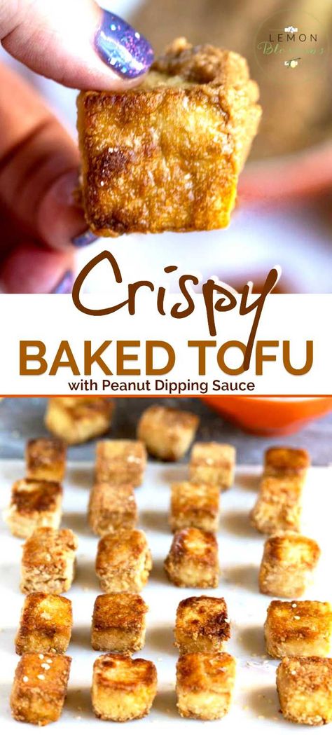 Vegetarian Party Appetizers, Tofu Baked, Tofu Snacks, Appetizer Vegan, Crispy Baked Tofu, Vegetarian Party, Veggie Dinners, Peanut Dipping Sauce, Peanut Dipping Sauces