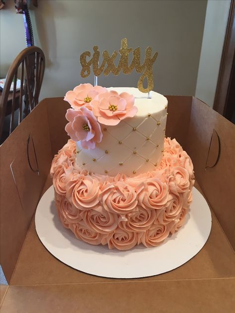 Coral rosette birthday cake Peach Color Cake Ideas, Milestone Birthday Cakes For Women, 60 Th Birthday Cake Woman, Cakes For 60th Birthday For Women, Rose Gold Cake Birthday One Layer, Elegant 18th Birthday Cake, Cake 15 Birthday Girl, 18th Birthday Cake For Girls Elegant, 2 Tier Rosette Cake