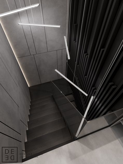 DE&DE/Brutal minimalism on Behance Corridor Design, Stair Wall, Staircase Wall, Stairs Design Modern, Stair Lighting, Lan Can, Dark Interiors, House Stairs, Home Modern