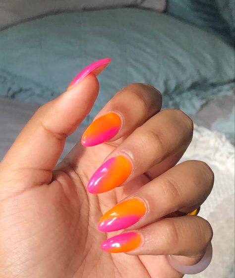 Pink And Orange Tie Dye Nails, Punk And Orange Nails, Orange Pink French Nails, Neon Pink And Orange Nails Summer Colors, Coral And Orange Nails, Neon Orange Pink Nails, Pink And Orange Chrome Nails, Pink Orange White Nails, Fun Orange Nails