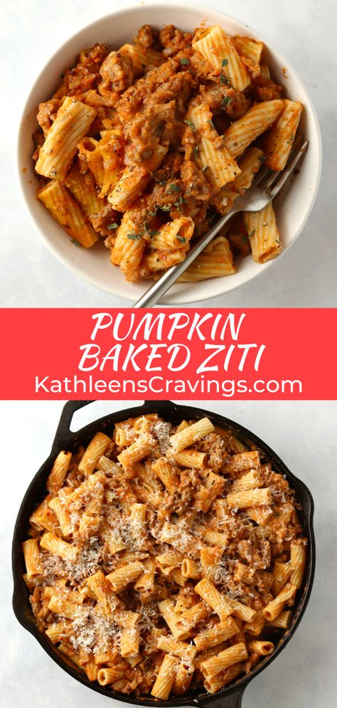 Fall Pasta Bake, Baked Pasta With Sausage, Fall Dinner Party Ideas, Pumpkin Sausage Pasta, Pumpkin Pasta Bake, Pumpkin Pasta Recipe, Carbonara Spaghetti, Pumpkin Sausage, Sausage Pasta Bake