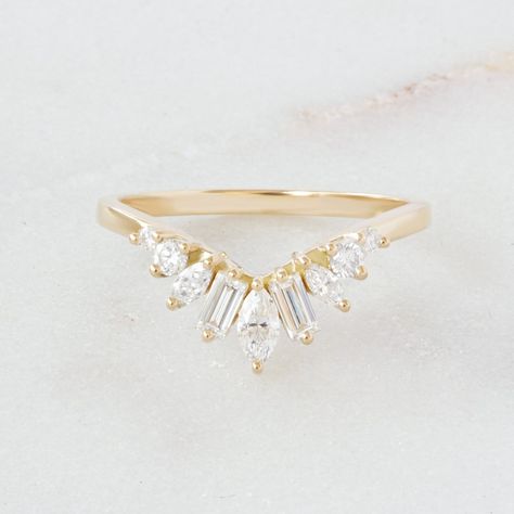 Curved Ring Crown Style Natural Diamonds Gold Ring, Baguette Cut Diamonds Ring, Unique Marquise Cut, Curved Ring, Wedding Band Ally V - Etsy Marquise Wedding Set, Nesting Ring, Impressive Art, Curved Ring, Ring Crown, Contour Wedding Band, Curve Ring, Ring Baguette, Dainty Gold Rings