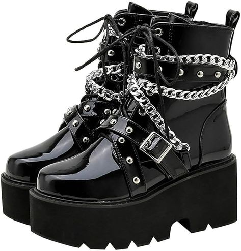 Amazon.com | Parisuit Womens Goth Patent Ankle Boots Platform Chunky High Heel Lace Up Combat Boots Punk Buckle Chain Booties-black size 8.5 | Ankle & Bootie Botas Goth, Witchy Shoes, Mode Grunge Hipster, Witchy Boots, Chain Boots, Goth Platforms, Boots Goth, Witch Shoes, Witch Boots