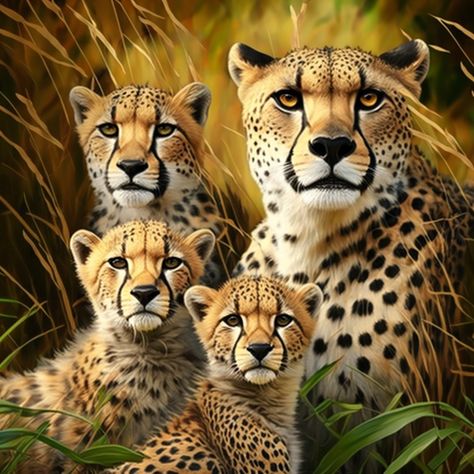 This heartwarming photograph showcases a family of cheetahs in their natural habitat, basking in the warmth of the sun. The mother cheetah stands protectively over her cubs, while the cubs playfully explore their surroundings, practicing the skills they will need to become formidable hunters. The cheetah's spotted coat blends seamlessly with the African savannah, offering the family both protection and camouflage. Cheetah Family, Family Printables, African Savannah, Cheetah Cubs, Digital Portraits, Safari Print, Scenery Nature, Cheetahs, African Wildlife