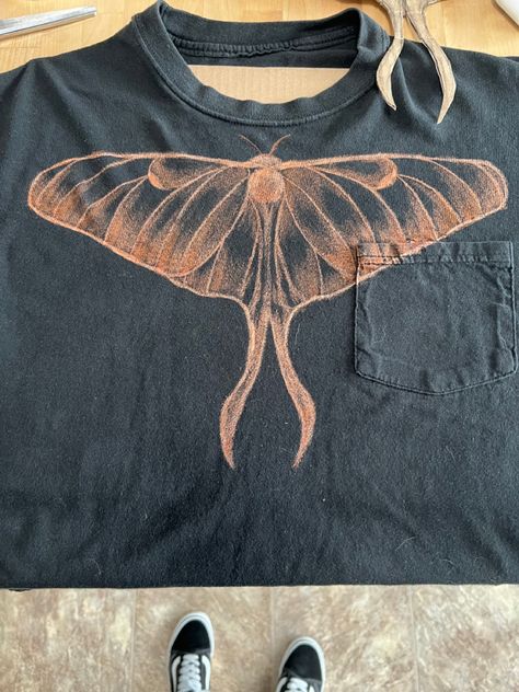 Bleach art bleach painting moth T-shirt Bleached Moth Shirt, Bleach Art Sweatpants, Moth T Shirt, Bleach Moth Shirt, Butterfly Bleach Hoodie, Bleach On Shirt Art, Bleach Sweaters Diy, Bleach Painting Clothes Anime, Bleach Shirt Grunge