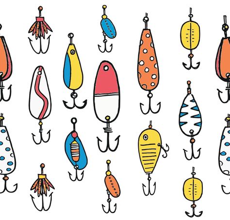 The lure of the water. Fishing lure pattern Fishing Lure Clipart, Small Fishing Lure Tattoo, Fish Lure Drawing, Fishing Lures Drawing, Painted Fishing Lures, Cute Fishing Drawing, Fishing Lures Art Paintings, Fishing Lures Art Drawings, Fishing Lure Illustration