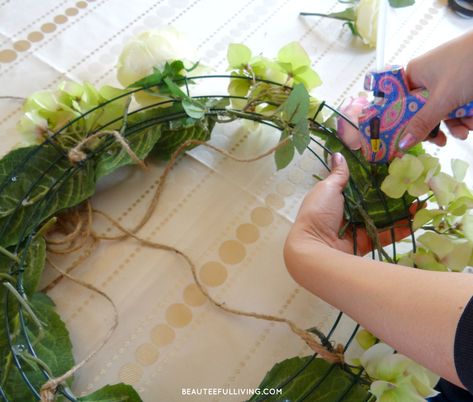 Hanging Floral Chandelier DIY - BEAUTEEFUL Living Floral Chandelier Diy, Hanging Floral Chandelier, Chandelier Wreath, Decorative Mesh Wreaths, Chandelier Diy, Hydrangea Bloom, Easy Diy Wreaths, Floral Chandelier, Silk Hydrangeas