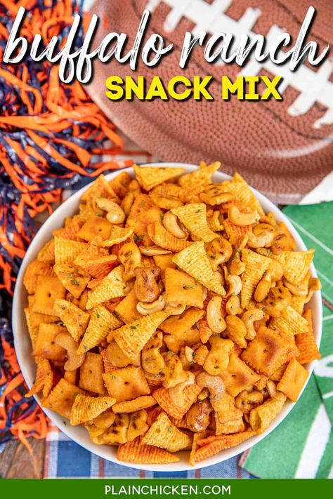 Buffalo Ranch Snack Mix – Bugles, Goldfish pretzels, Cheez-its cheesy crackers, cashews, ranch dressing mix, buffalo sauce, and vegetable oil. Buffalo Ranch Snack Mix Recipes, Bugle Snack Mix Recipes, Asian Snack Mix Recipe, Cashew Crunch Recipe, Chex Snack Mix, Football Foods, Football Friday, Cheesy Crackers, Sesame Sticks