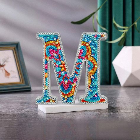 Decorated Letters For Wall, Diamond Art Projects, Wood Letter Painting Ideas, Letters For Wall Decor, Craft Letters, Letters For Wall, Art Kits For Adults, Painting Stickers, Wooden Letters Decorated