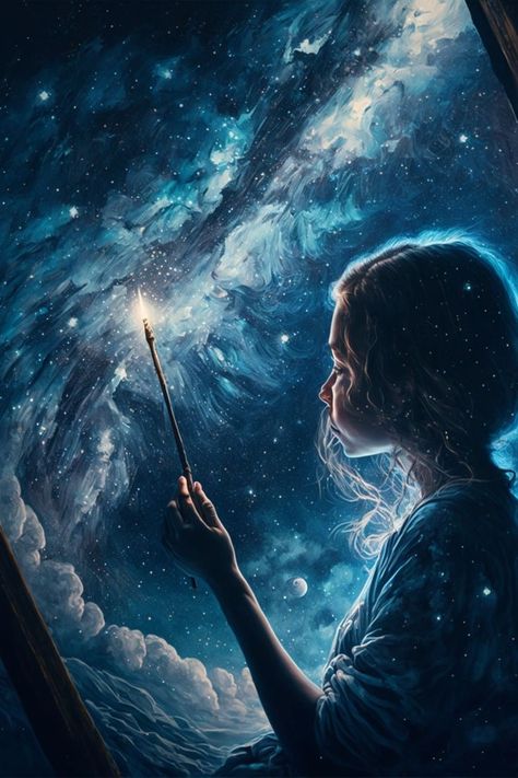 Girl painting a starry sky Dream Illustration, Magical Sky, Imagination Art, Girl Painting, Jr Art, World Of Imagination, Dream Painting, Magical Life, Lost In Thought