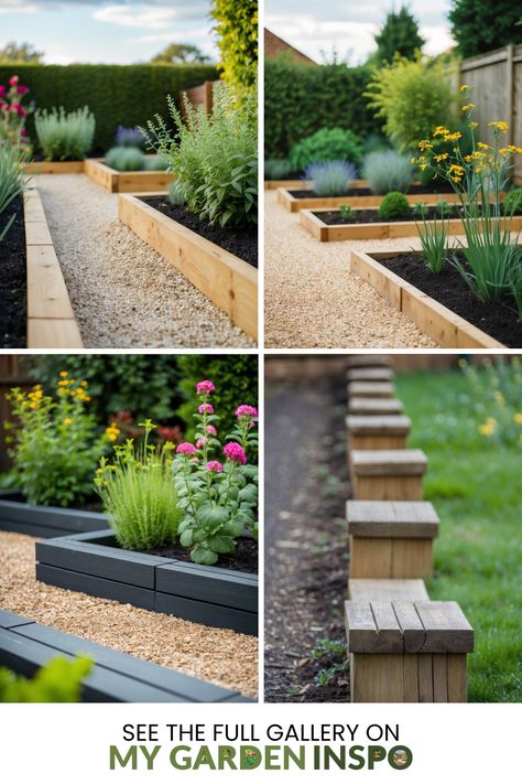 Discover 35 creative garden borders using timber sleepers in four captivating images. Featuring various styles from rustic oak to sleek charcoal finishes, these ideas inspire new backyard landscaping projects. Backyard Border, Sleeper Wall, Sleepers In Garden, Oak Sleepers, Low Growing Shrubs, Gabion Baskets, Railway Sleepers, Ground Cover Plants, Lavender Plant