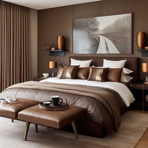 Dark Wood Accent Wall Bedroom, Brown Tone Bedroom, Mocha Bedroom Ideas, Cheetah Room, Wood Accent Wall Bedroom, Chocolate Brown Bedrooms, Mens Decor, Dark Brown Bedrooms, Mocha Mousse