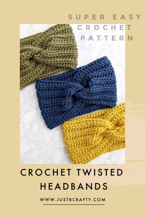 Free crochet pattern and video tutorial!  Learn to crochet the twisted headband! #crochetpattern #pattern #justbecrafty #crochetheadband #twistedheadband