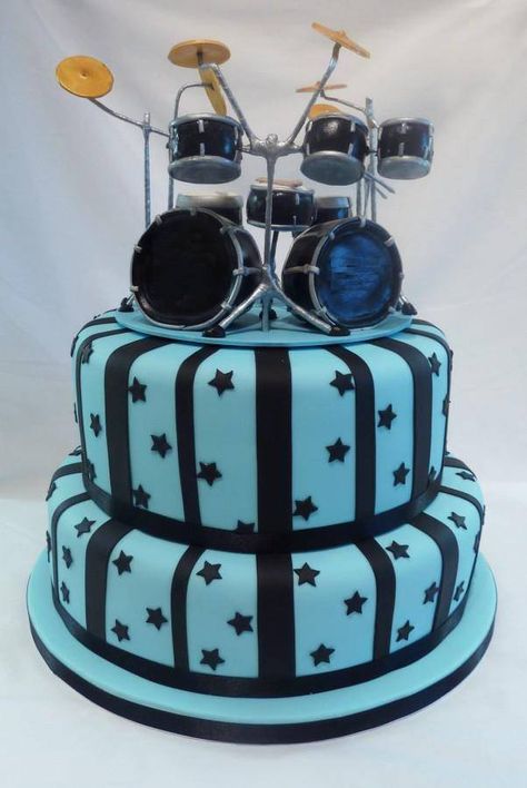 Drumkit Cake Topper - Happy Birthday to you, our band drummer! - Two tier cake with light and dark blue stripes and stars, miniature drums set on top looks realistic with cymbals and all! #cSw:) - https://www.pinterest.com/claxtonw/drummer-drumming/ - on HUMOR Pinterest Board. Fun pin via Willy van Maurik. Happy Birthday Drummer, Happy Birthday Drums, Drum Birthday Cakes, Happy Birthday Dave, Drum Birthday, Drums Quotes, Happy Birthday Paul, Happy Birthday Steve, Cake Band