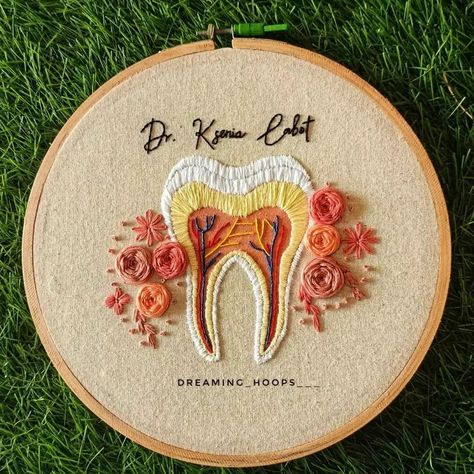 Dental Embroidery Designs, Dentist Embroidery, Dental Embroidery, Tooth Embroidery, Dentist Art, Fancy Embroidery, Embroidery Hoop Art Diy, Mini Scrapbook Album, Embroidered Photo