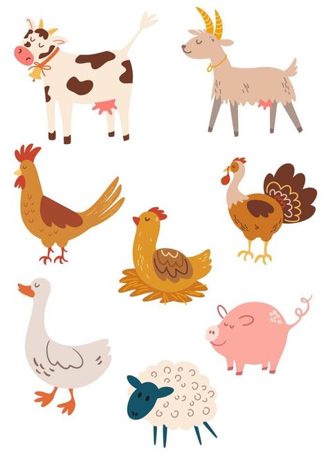 Farm animals. Cow, goat, turkey, rooster, chicken, sheep, goose, pig. Set of farm and countryside. Perfect for printing, logo, logo and product for products. Vector cartoon illustration. Farm Animal Cartoon Drawing, Farm Animals Illustration Design, Goat Illustration Cute, Cow Illustration Cute, Cows Illustration, Farm Animal Illustration, Cartoon Farm Animals, Turkey Illustration, Goat Illustration