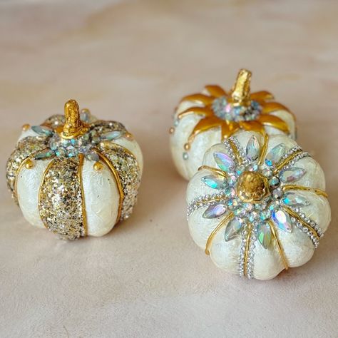 Capiz Ivory Jeweled Pumpkin | Mini | Set of 3 | Michaels Fancy Pumpkins Decorating, Fancy Pumpkins, Elegant Pumpkins, Fall Gathering, Swag Wreath, Christmas Tabletop, Tabletop Christmas Tree, Christmas Candle Holders, Pumpkin Decor