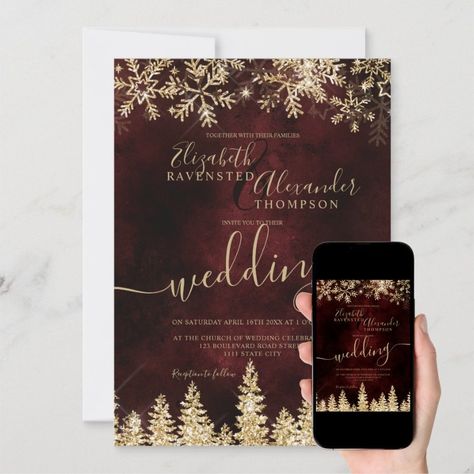 Chic gold snow pine red Christmas winter wedding Invitation  Zazzle Christmas Winter Wedding, Winter Wonderland Wedding Theme, Wonderland Wedding Theme, Christmas Wedding Themes, Gold Winter Wedding, Christmas Wedding Invitations, Wedding Invitation Size, Burgundy Wedding Invitations, Winter Wedding Invitations