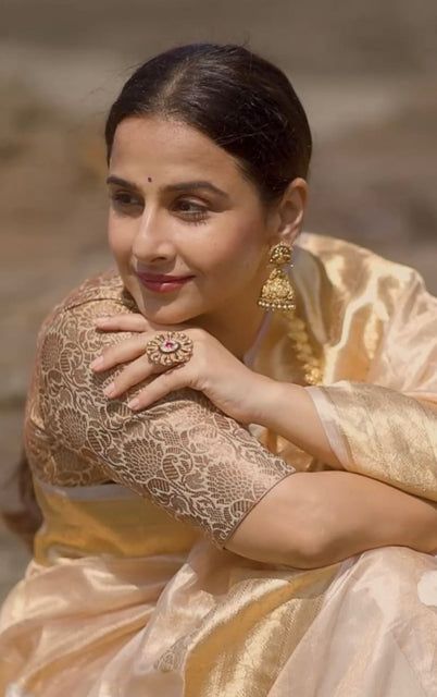 Shobitam Sarees | Buy Indian Ethnic Fashion Sarees Online Golden Tissue Saree Blouse Designs, Gold Saree With Contrast Blouse, Golden Saree With Contrast Blouse, Golden Banarasi Saree, Tissue Saree Look, Vidya Balan Saree, Golden Tissue Saree, Whatsapp Widget, Damask Motifs