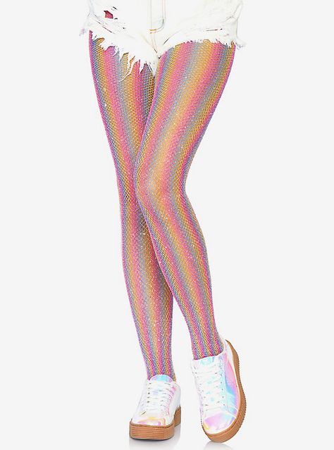 Lurex Shimmer Rainbow Striped Fishnet Tights Pink, Eras Fits, Roh Jisun, Bebe Shower, Soft Goth, Ripped Leggings, Clown Clothes, Rave Babe, Feeling 22, Glitter Rainbow