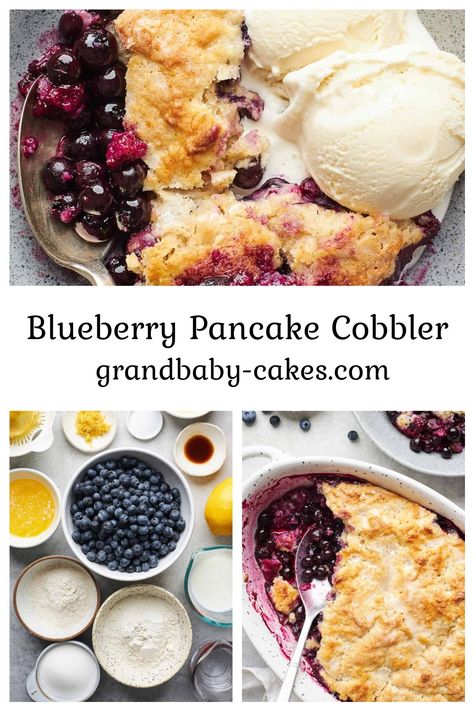 This easy Blueberry Pancake Cobbler from Deb Perelman’s cookbook Smitten Kitchen Keepers is the perfect intersection between breakfast and dessert. Made with a jammy compote filling, whole wheat flour, and a crème brûlée-like crust, it’s juicy, tender, and subtly sweet. Pancake Mix Cobbler Recipe, Pancake Mix Cobbler, Pancake Mix Desserts, Spoon Desserts, Blueberry Pancakes Easy, Blueberry Treats, Krusteaz Pancake Mix, Pie Blueberry, Breaking Fast