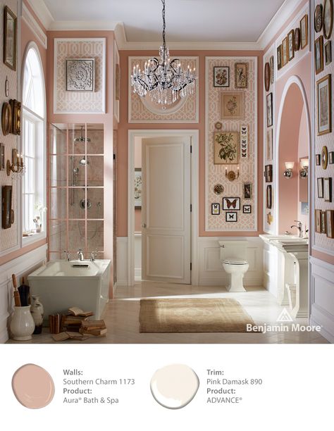 Stately lines and a color palette of creams, whites and dusty pinks bring a unique charm to this southern spa-like escape. Wall paint color: Benjamin Moore Southern Charm 1173 in Aura Bath & Spa. Trim paint color: Benjamin Moore Pink Damask 890 in ADVANCE. Chic Bathroom, Victorian Bathroom, Roman Tub Faucets, Ivy House, Shabby Chic Bathroom, Chic Bathrooms, Boho Bathroom, Bathroom Trends, Pink Bathroom