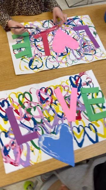 @amymcreynolds on Instagram: "My Sweet Ks are completing their @jgoldcrown art and spreading a whole lot of L♥️VE❣️Just love how these are turning out and they are tickled pink about this project! WEEK 1 the kids printed overlapping hearts. Thanks again @cassie_stephenz . WEEK 2 the kids collaged their typography to complete their art. #loveart #kidsart #kidsartwork #artforkids #kidscreate #artproject #artprojectsforkids #crafts #kidscrafts #craftsforkids #artlesson #artlessons #artlessonsforkid Art And Crafts For Elementary School, Valentine Art For Kindergarteners, Kindergarten Valentines Art Projects, Heart Art For Kindergarten, Valentine Art Projects For Preschoolers, Valentines Art For Preschoolers, Heart Kids Crafts, Valentine Preschool Art, Kindergarten Heart Art Projects