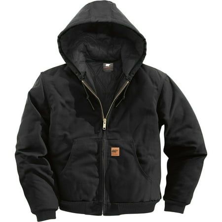 100% cotton sandstone duck canvas Attached quilted, flannel-lined hood with draw-cord closure Two inside pockets Two large lower-front pockets 5 Chest Pocket Rib-knit cuffs and waist help keep out the cold Size: M.  Color: Black.  Gender: male.  Age Group: adult. Duck Jacket, Safety Workwear, Carhartt Jacket, Workwear Jacket, Work Jacket, Active Jacket, Carhartt Mens, Work Jackets, Line Jackets