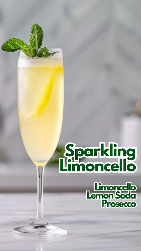 Crafting a Sparkling Limoncello Cocktail offers a refreshing twist with its lively blend of zesty limoncello, crisp Prosecco, and fizzy sparkling lemon soda. It’s a favorite for its light and refreshing taste, perfect for sipping on a warm day. The subtle hint of mint adds just the right touch of freshness, making it a go-to for social gatherings or a relaxing evening. #sparklinglimoncello via @mybartender Limoncello And Prosecco, Lemon Cello Prosecco Spritzer, Limecello Recipes, Lemonchello Drinks Cocktails, Lemonchello Drinks, Lemon Cocktails, Bridal Breakfast, Limoncello Cocktail, Cocktail Cards