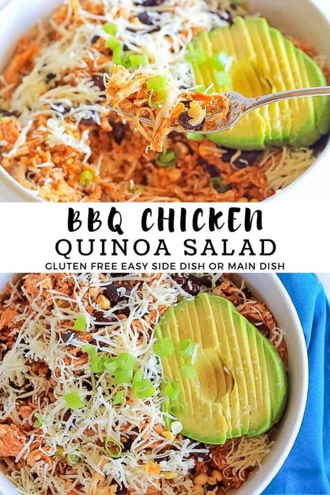 BBQ Chicken Quinoa Salad, the perfect hardy summer salad. This salad is great for potlucks, barbeques or summer get togethers, serve it as a side dish or a main dish. It also makes great meal prep for lunches and dinners! #finishedwithsalt #sidedish #chicken #glutenfree #summer #salad #bbq | finishedwithsalt.com Bbq Chicken Quinoa, Decadent Cheesecake, Chicken Quinoa Salad, Recipe Cheesecake, Gluten Free Salads, Heath Bars, Homemade Snickers, Gluten Free Sides, Cheesecake Dessert