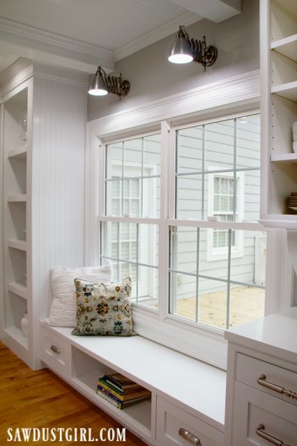 Window Seat Kitchen Cabinets, Cabinets Around Window Kitchen, Cabinet Window Seat, Cabinets Around Window, Kitchen With Window Seat, Built In Bookshelves Around Window, Kitchen Window Seat Ideas, Kitchen Window Seat, Dining Room Built Ins