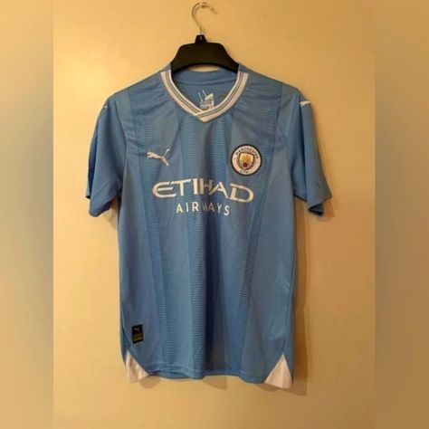 Puma Manchester City Home Blank Jersey 23-24 Active Style, Puma Shirts, Man City, Fit N Flare Dress, Manchester City, Fit & Flare, Jean Coat, Manchester, Sleeve Styles