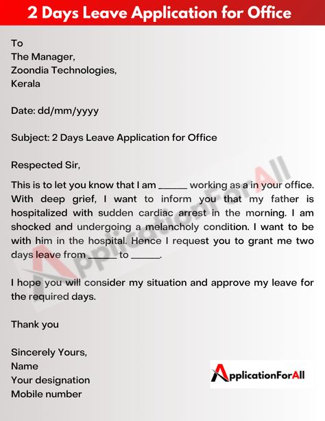 leave application letter office applicationfor Sick Leave Application For Office, Leave Application For Office, Letter Writing Examples, Letter Writing Samples, Writing Examples, Writing Samples, Medical Leave, 2 Days Left, Application Letters