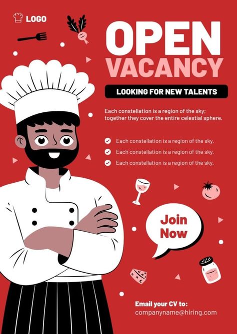 Hand-drawn Flat Chef Open Vacancy Poster Vacancy Poster, Chef Job, Chef Jobs, Job Poster, Cooking Design, Job Vacancy, Brand Kit, Home Poster, Poster Template