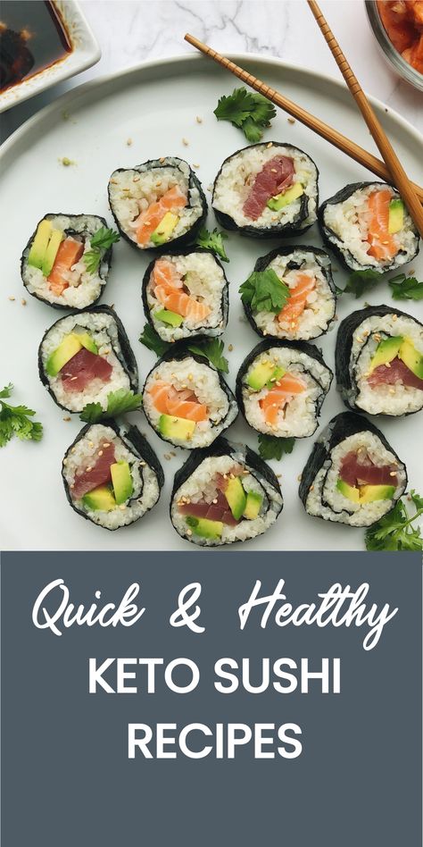 Image with keto sushi and title Quick & Healthy Keto Sushi Recipes Keto Sushi Rolls, Hake Recipes, Gluten Free Sushi, Keto Sushi, Keto Diet Meals, Keto Recipes Breakfast, Starting Keto Diet, Sushi Recipes, Keto Diet Menu