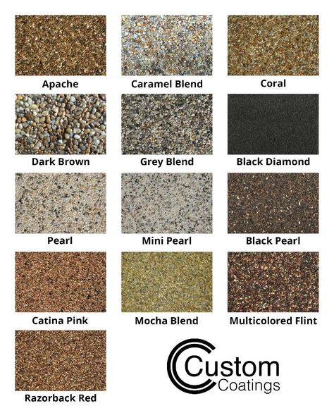 CUSTOM COATINGS CONCRETE FLOOR FINISHES—Pebble Stone Epoxy Color Chart. Epoxy pebble stone is a blend of industrial grade clear epoxy and beautiful real stone material that is bonded to the concrete. •Used to cover and protect virtually any concrete surface. •Allows water to pass through the system and run off with the material grade. •Freeze and thaw resistant. •Hides standing water (birdbaths) after installation. •Can be installed on both interior or exterior surfaces. Epoxy Floors, Concrete Resurfacing, Garden Stairs, Garden Steps, Porch Flooring, Painted Concrete Porch, Concrete Color, Concrete Porch, Pebble Stone