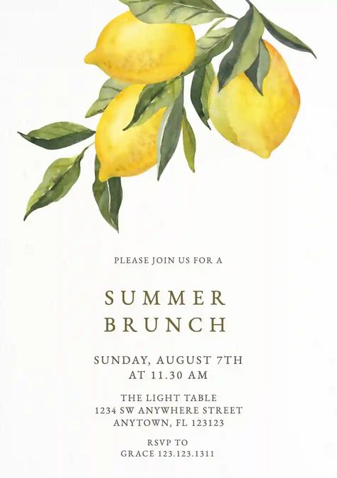 Lunch Invitation, Wedding Lunch, Watercolor Lemon, Online Invitation, Summer Brunch, Invitation Maker, Fruit Party, Wedding Services, Yellow Aesthetic